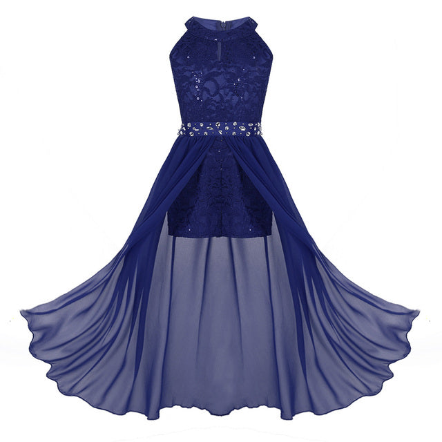 Girls Floaty Dipped Hem Rhinestone Embellished Dress (Age 4-16 YRS) Blue