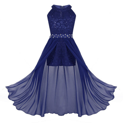 Girls Floaty Dipped Hem Rhinestone Embellished Dress (Age 4-16 YRS) Blue