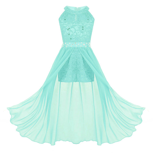 Girls Floaty Dipped Hem Rhinestone Embellished Dress (Age 4-16 YRS) Mint Green