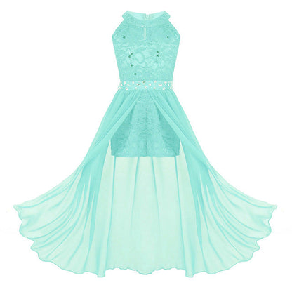 Girls Floaty Dipped Hem Rhinestone Embellished Dress (Age 4-16 YRS) Mint Green