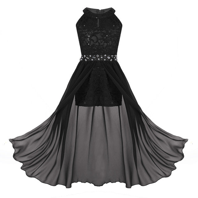 Girls Floaty Dipped Hem Rhinestone Embellished Dress (Age 4-16 YRS) Black