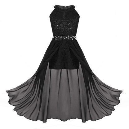 Girls Floaty Dipped Hem Rhinestone Embellished Dress (Age 4-16 YRS) Black