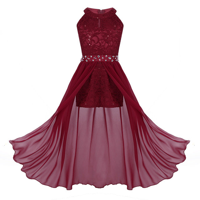 Girls Floaty Dipped Hem Rhinestone Embellished Dress (Age 4-16 YRS) Burgundy
