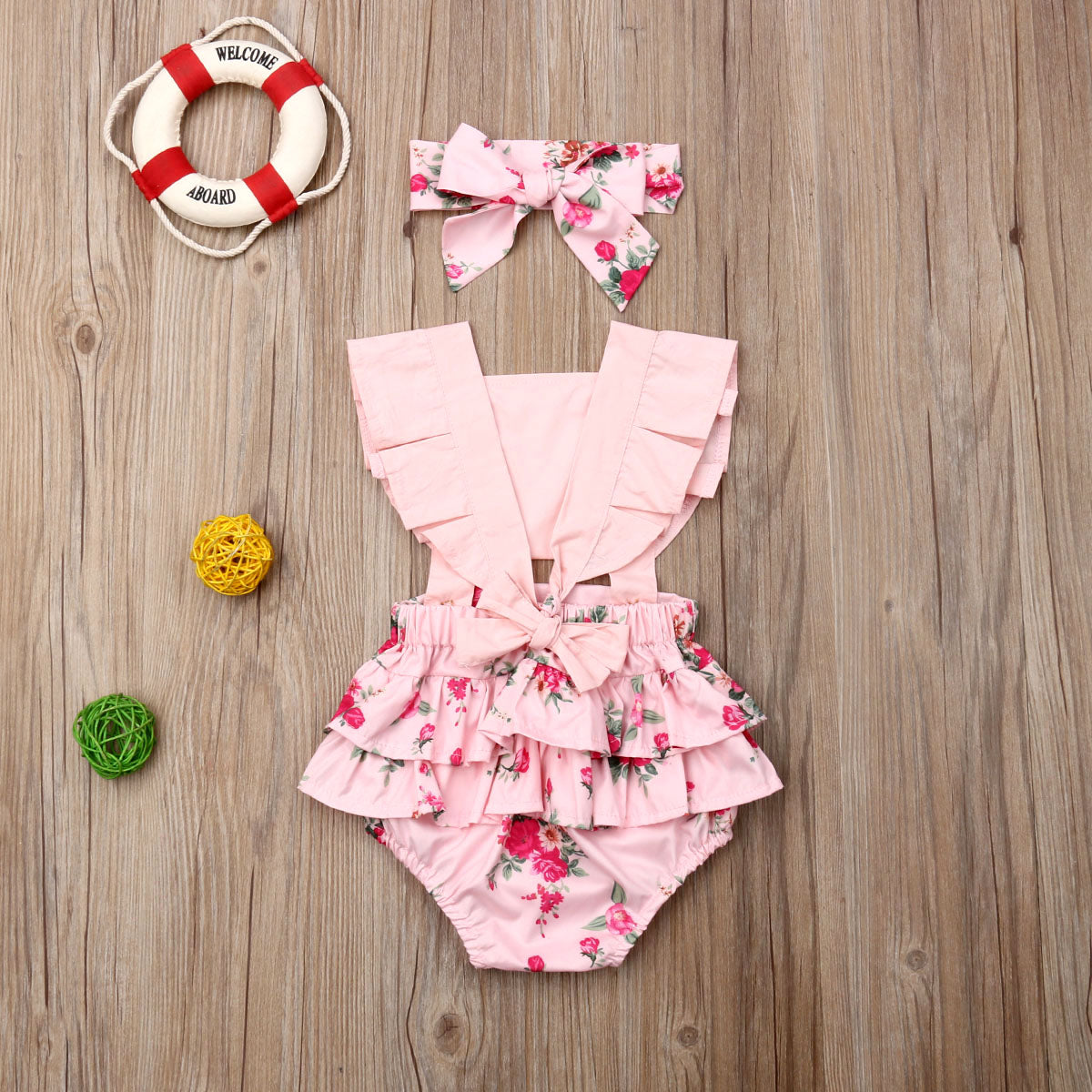 Baby Girls Pink Floral Print Ruffle Bodysuit Romper & Headband (Age 6m-24m)