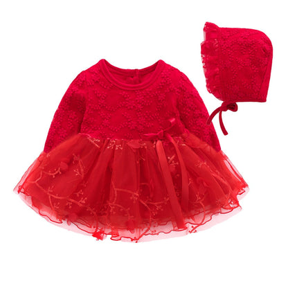Baby Girls Pink Embroidered Tulle Dress & Bonnet Hat (Age 3M - 12M) Red