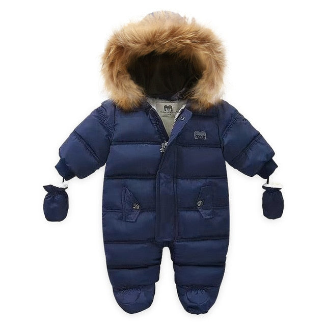 Baby Girls / Boys Hooded Fur Down Padded Jumpsuit (Age 3m-18m) Navy blue