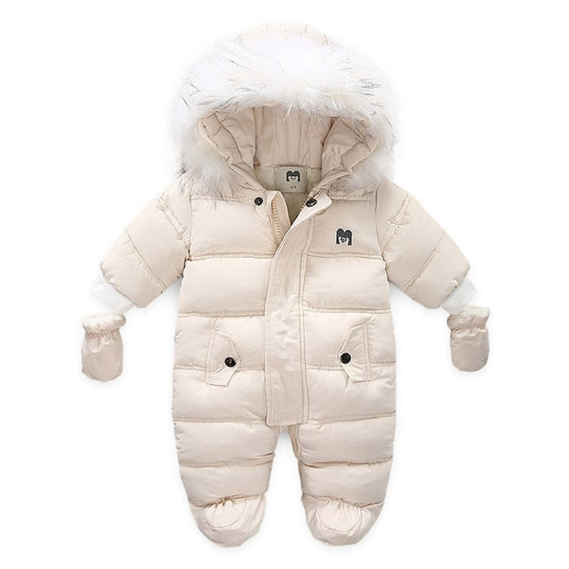 Baby Girls / Boys Hooded Fur Down Padded Jumpsuit (Age 3m-18m) Beige