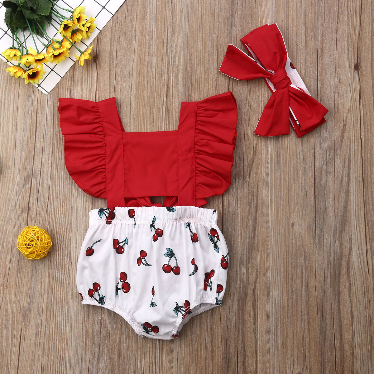 Baby Girls Red Cherry Print Romper & Headband Set (Age 3M-18M)