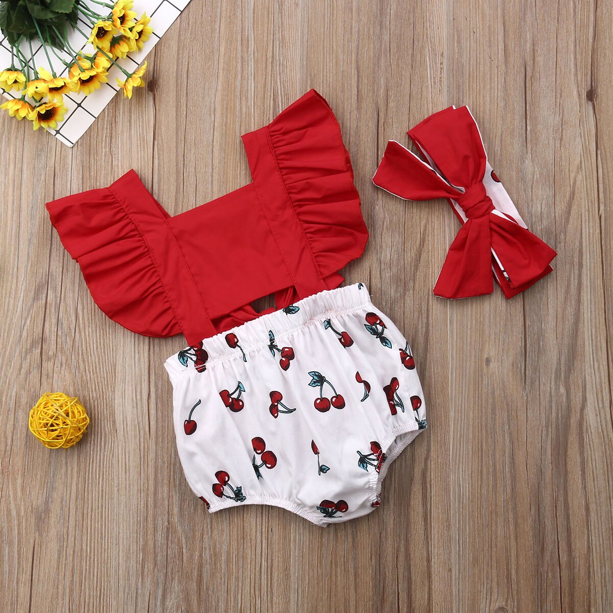 Baby Girls Red Cherry Print Romper & Headband Set (Age 3M-18M)