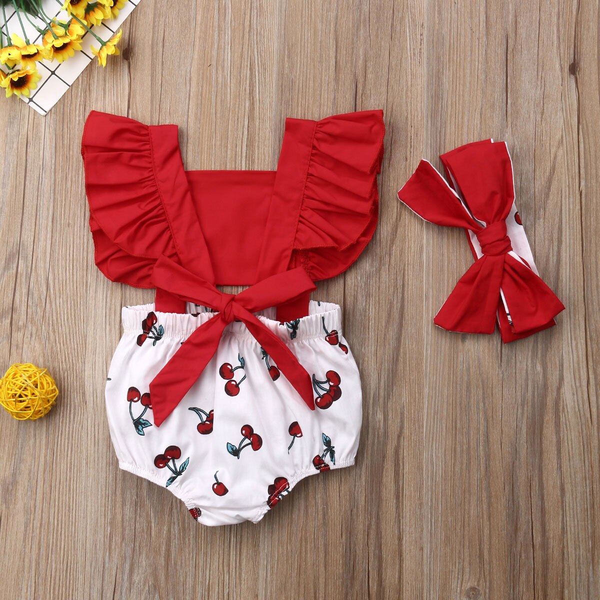 Baby Girls Red Cherry Print Romper & Headband Set (Age 3M-18M)