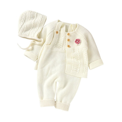 Baby Girls / Boys Knitted Romper Cardigan & Hat Set (Age 3M-18M) White