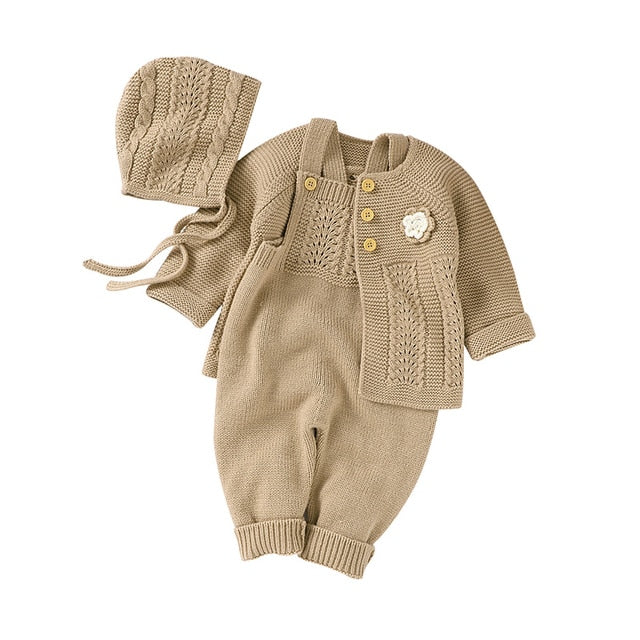 Baby Girls / Boys Knitted Romper Cardigan & Hat Set (Age 3M-18M) Brown