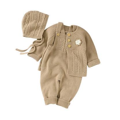 Baby Girls / Boys Knitted Romper Cardigan & Hat Set (Age 3M-18M) Brown