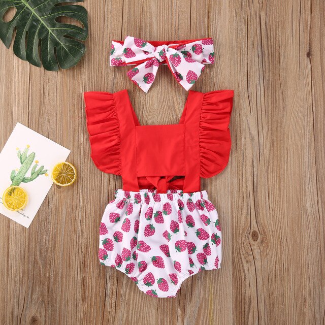 Baby Girls Red Cherry Print Romper & Headband Set (Age 3M-18M)