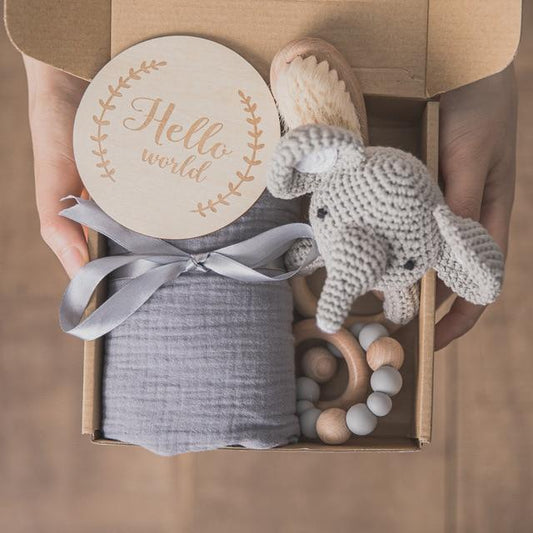 Baby Receiving Blanket & Teething Rattle Gift Set Multi Elephant