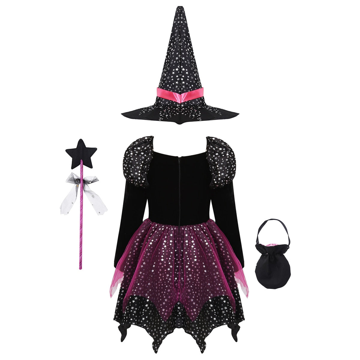 Girls Witch Halloween Costume Dress & Accessories (Age 3Y-10Y)