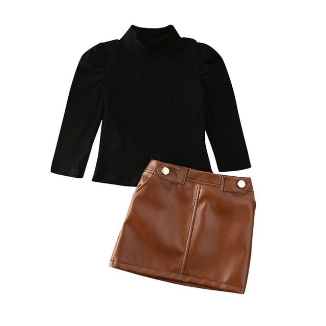 Girls Jumper & PU Leather Skirt Set (Age 12M-9YRS) Black_Brown