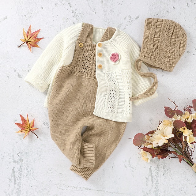 Baby Girls / Boys Knitted Romper Cardigan & Hat Set (Age 3M-18M) Brown-White