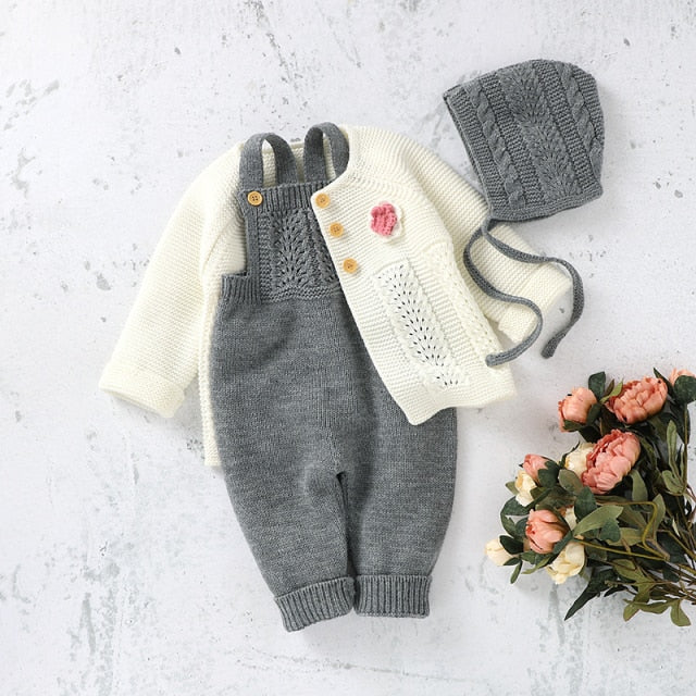 Baby Girls / Boys Knitted Romper Cardigan & Hat Set (Age 3M-18M) Grey-White