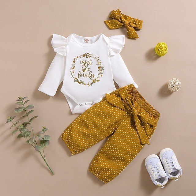 Baby Girls Yellow “Lovely” Bodysuit & Polka Dot Trousers Set (Age 3M-24M) Brown