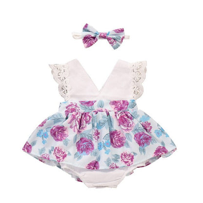 Baby Floral Print Romper & Headband (Age Newborn - 12M HPL41 Purple