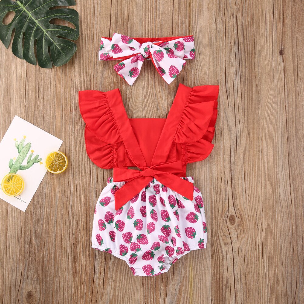 Baby Girls Red Cherry Print Romper & Headband Set (Age 3M-18M)