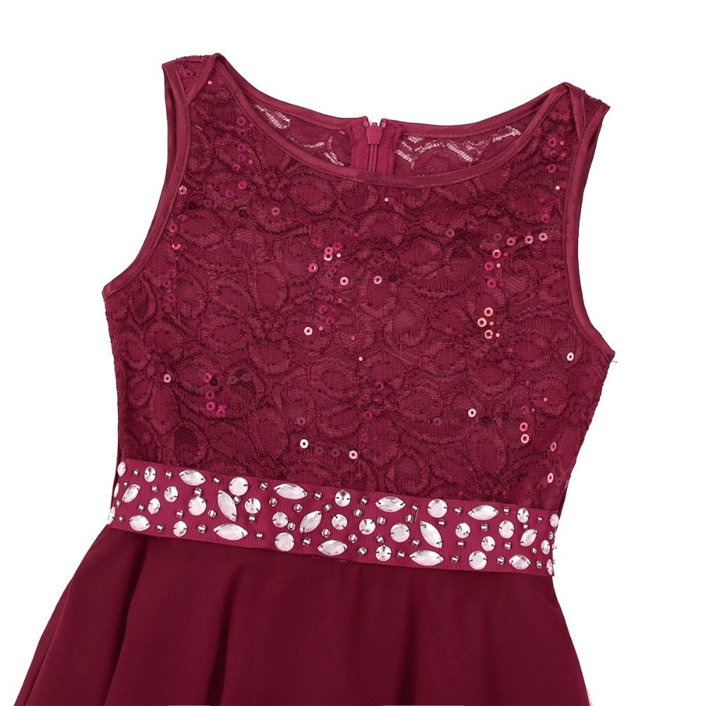 Girls Lace Embroidered Rhinestone Belt Tulle Dress (Age 24M-14YRS)