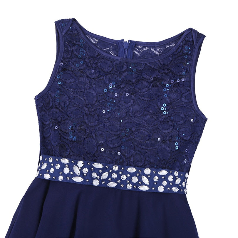 Girls Lace Embroidered Rhinestone Belt Tulle Dress (Age 24M-14YRS)