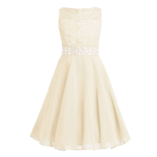 Girls Lace Embroidered Rhinestone Belt Tulle Dress (Age 24M-14YRS) Beige