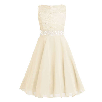 Girls Lace Embroidered Rhinestone Belt Tulle Dress (Age 24M-14YRS) Beige