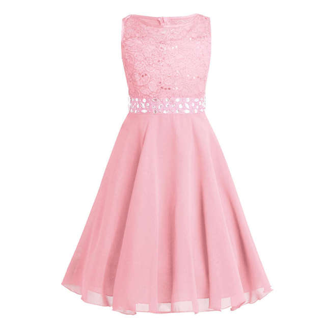 Girls Lace Embroidered Rhinestone Belt Tulle Dress (Age 24M-14YRS) Pink