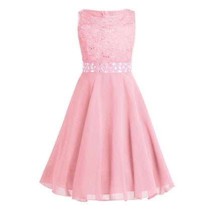 Girls Lace Embroidered Rhinestone Belt Tulle Dress (Age 24M-14YRS) Pink