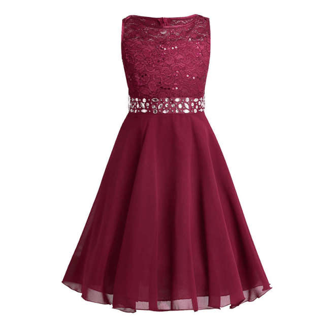 Girls Lace Embroidered Rhinestone Belt Tulle Dress (Age 24M-14YRS) Burgundy