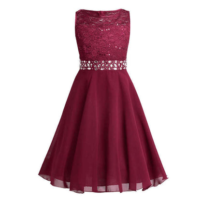 Girls Lace Embroidered Rhinestone Belt Tulle Dress (Age 24M-14YRS) Burgundy