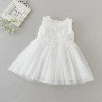 Baby Girls Floral Embroidered Tulle Dress (Age 3M-24M) White