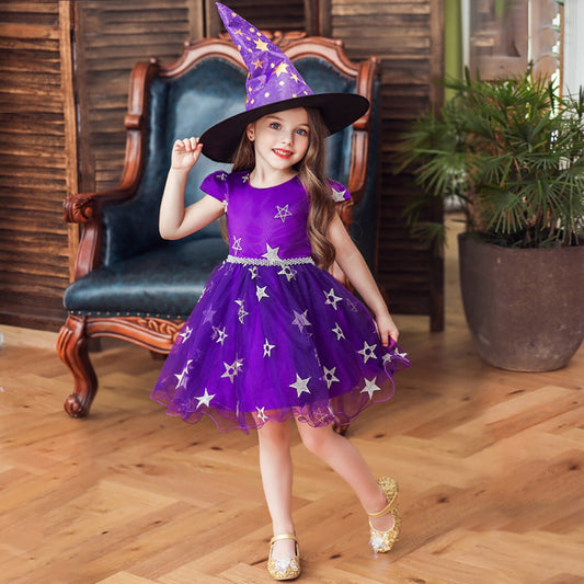 Girls Witch Halloween Costume Tulle Dress & Hat (Age Newborn-8YRS)