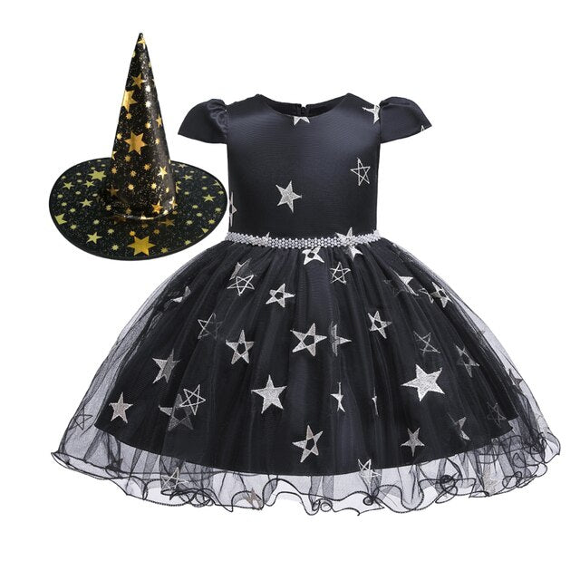 Girls Witch Halloween Costume Tulle Dress & Hat (Age Newborn-8YRS) Black