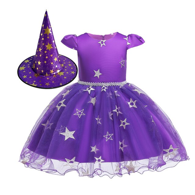 Girls Witch Halloween Costume Tulle Dress & Hat (Age Newborn-8YRS) Purple