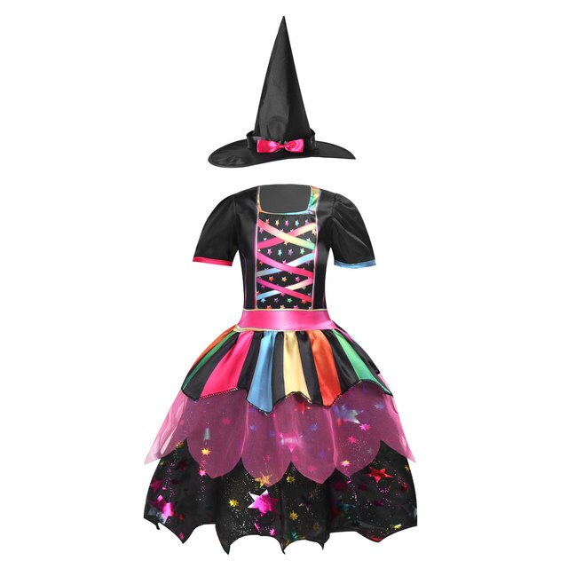 Girls Witch Halloween Costume Dress & Hat (Age 4-8YRS) Black