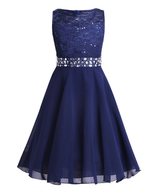 Girls Lace Embroidered Rhinestone Belt Tulle Dress (Age 24M-14YRS) Navy