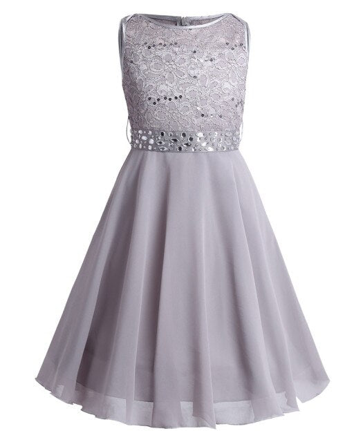 Girls Lace Embroidered Rhinestone Belt Tulle Dress (Age 24M-14YRS) Gray