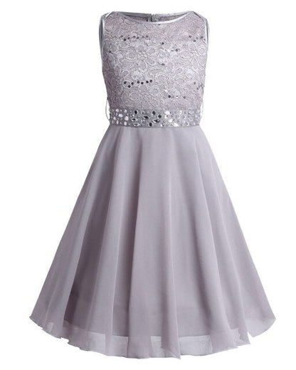 Girls Lace Embroidered Rhinestone Belt Tulle Dress (Age 24M-14YRS) Gray