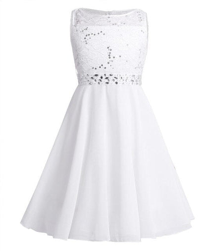 Girls Lace Embroidered Rhinestone Belt Tulle Dress (Age 24M-14YRS) White