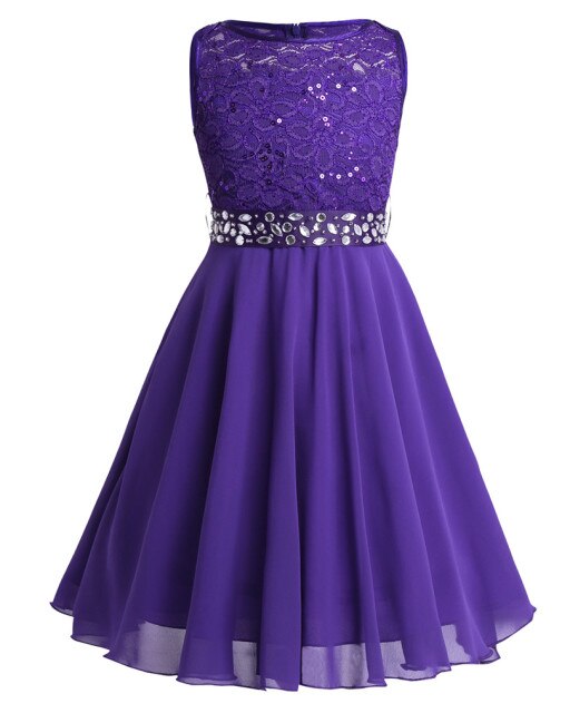 Girls Lace Embroidered Rhinestone Belt Tulle Dress (Age 24M-14YRS) Purple