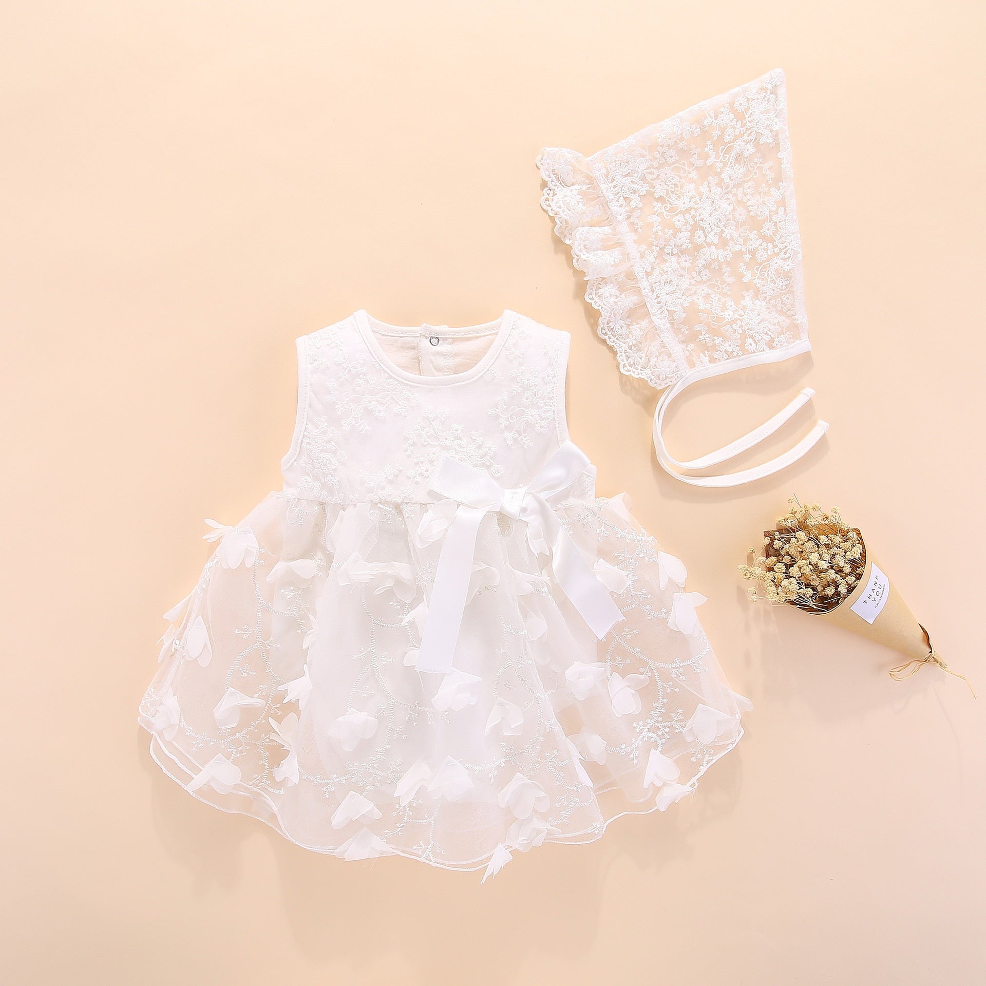 Girls Red Mesh Embroidered Dress & Bonnet Hat (Age Newborn - 12M)