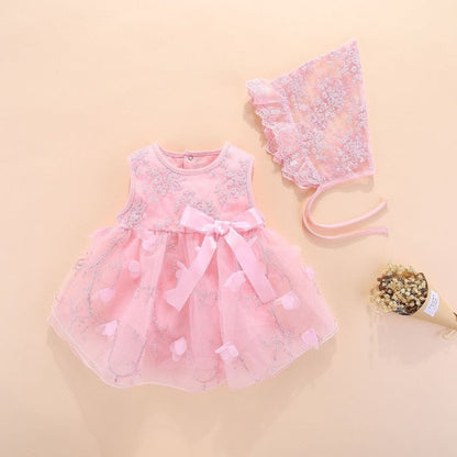 Girls Red Mesh Embroidered Dress & Bonnet Hat (Age Newborn - 12M) Pink